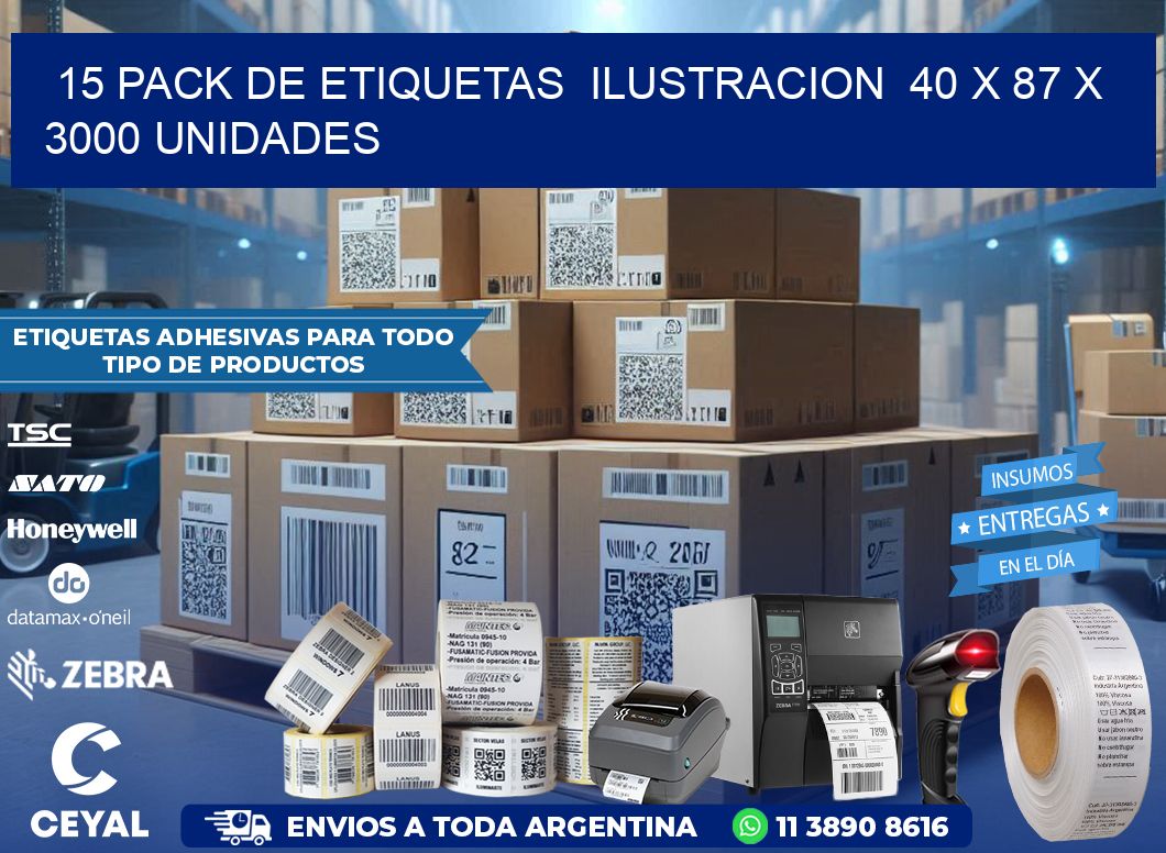 15 PACK DE ETIQUETAS  ILUSTRACION  40 x 87 X 3000 UNIDADES