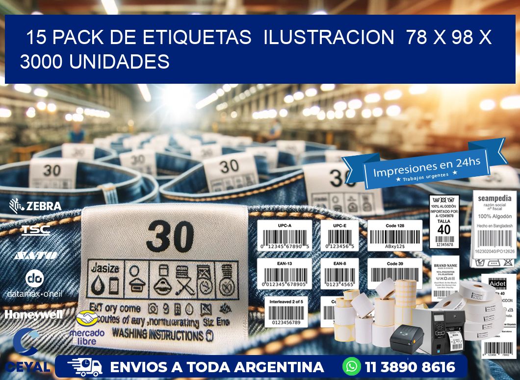 15 PACK DE ETIQUETAS  ILUSTRACION  78 x 98 X 3000 UNIDADES