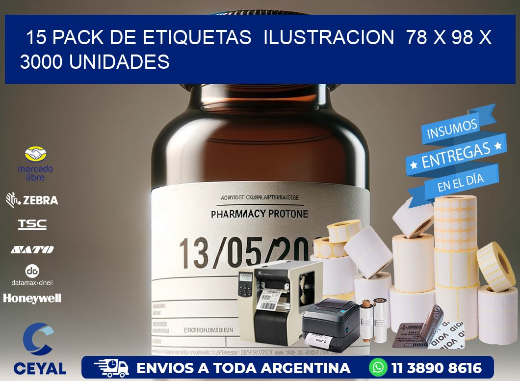 15 PACK DE ETIQUETAS  ILUSTRACION  78 x 98 X 3000 UNIDADES