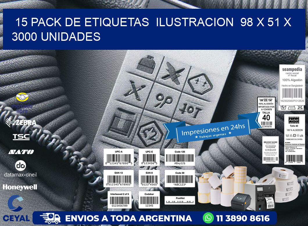 15 PACK DE ETIQUETAS  ILUSTRACION  98 x 51 X 3000 UNIDADES