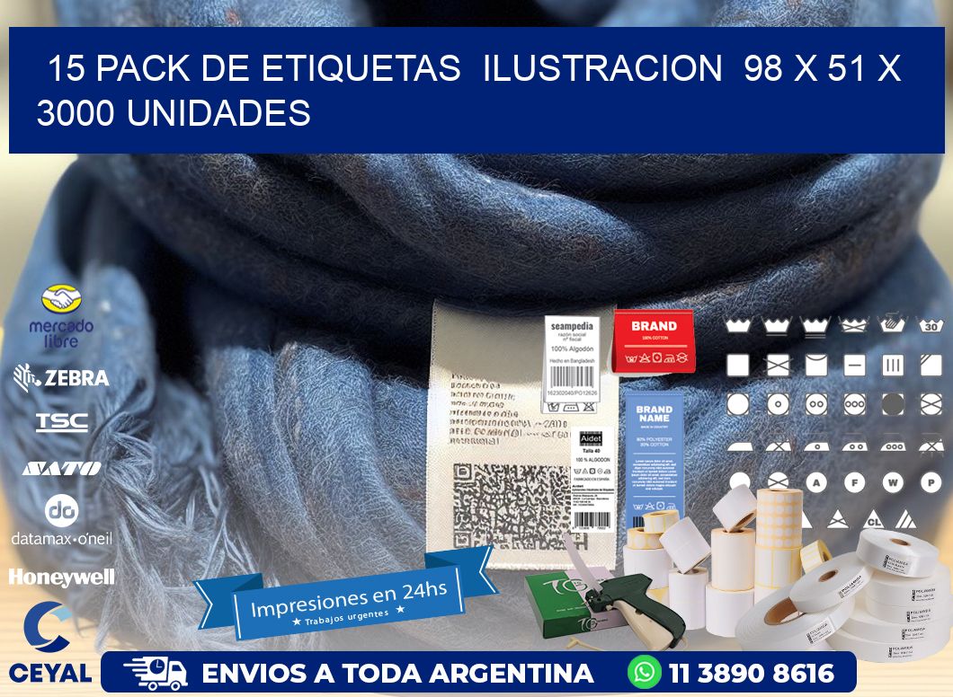 15 PACK DE ETIQUETAS  ILUSTRACION  98 x 51 X 3000 UNIDADES