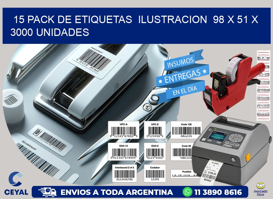 15 PACK DE ETIQUETAS  ILUSTRACION  98 x 51 X 3000 UNIDADES