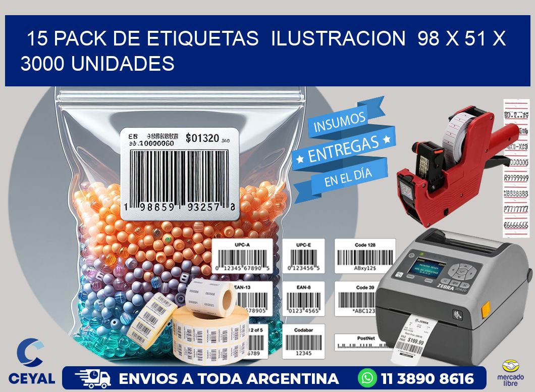 15 PACK DE ETIQUETAS  ILUSTRACION  98 x 51 X 3000 UNIDADES