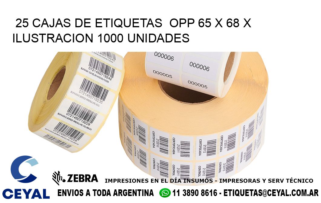 25 CAJAS DE ETIQUETAS  OPP 65 x 68 X ILUSTRACION 1000 UNIDADES