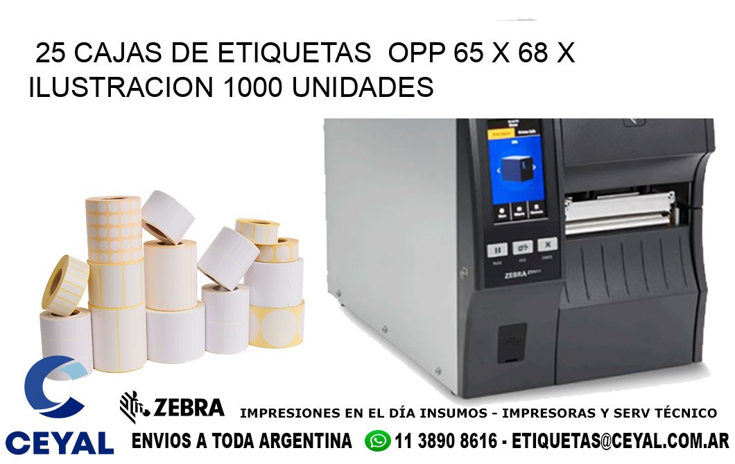 25 CAJAS DE ETIQUETAS  OPP 65 x 68 X ILUSTRACION 1000 UNIDADES