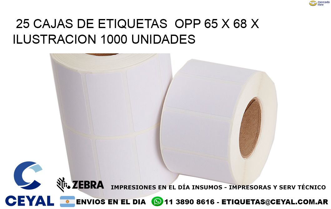 25 CAJAS DE ETIQUETAS  OPP 65 x 68 X ILUSTRACION 1000 UNIDADES