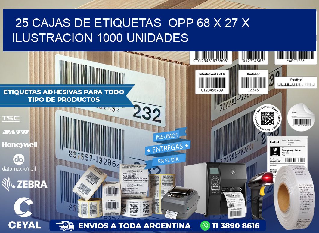 25 CAJAS DE ETIQUETAS  OPP 68 x 27 X ILUSTRACION 1000 UNIDADES