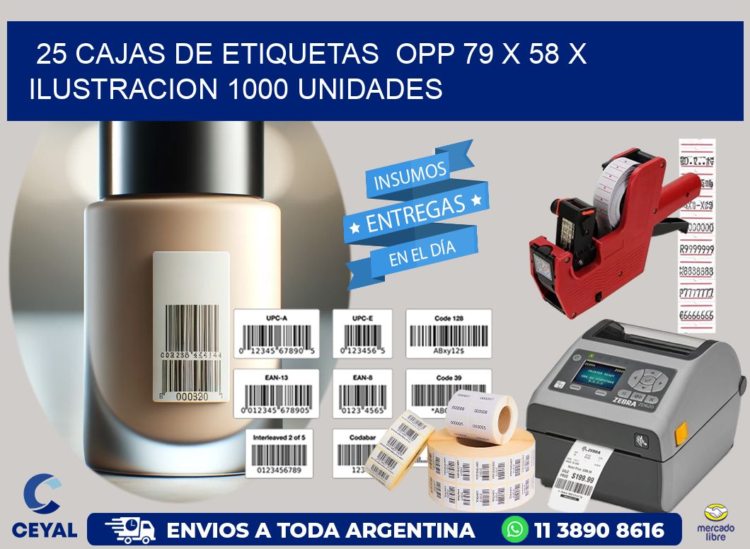 25 CAJAS DE ETIQUETAS  OPP 79 x 58 X ILUSTRACION 1000 UNIDADES