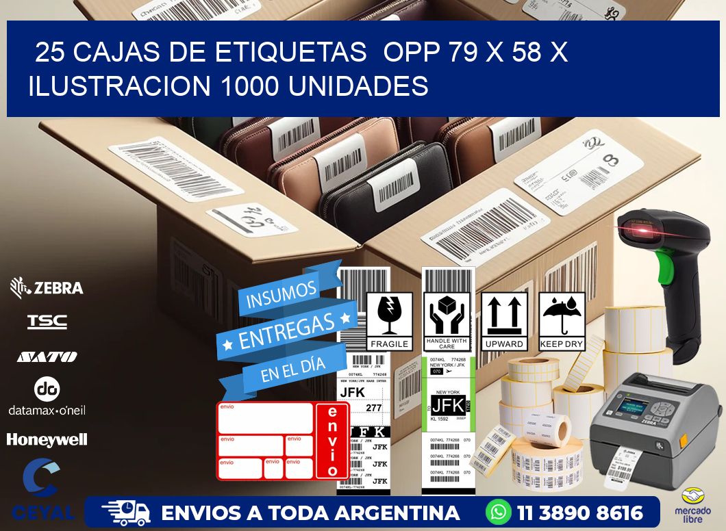 25 CAJAS DE ETIQUETAS  OPP 79 x 58 X ILUSTRACION 1000 UNIDADES