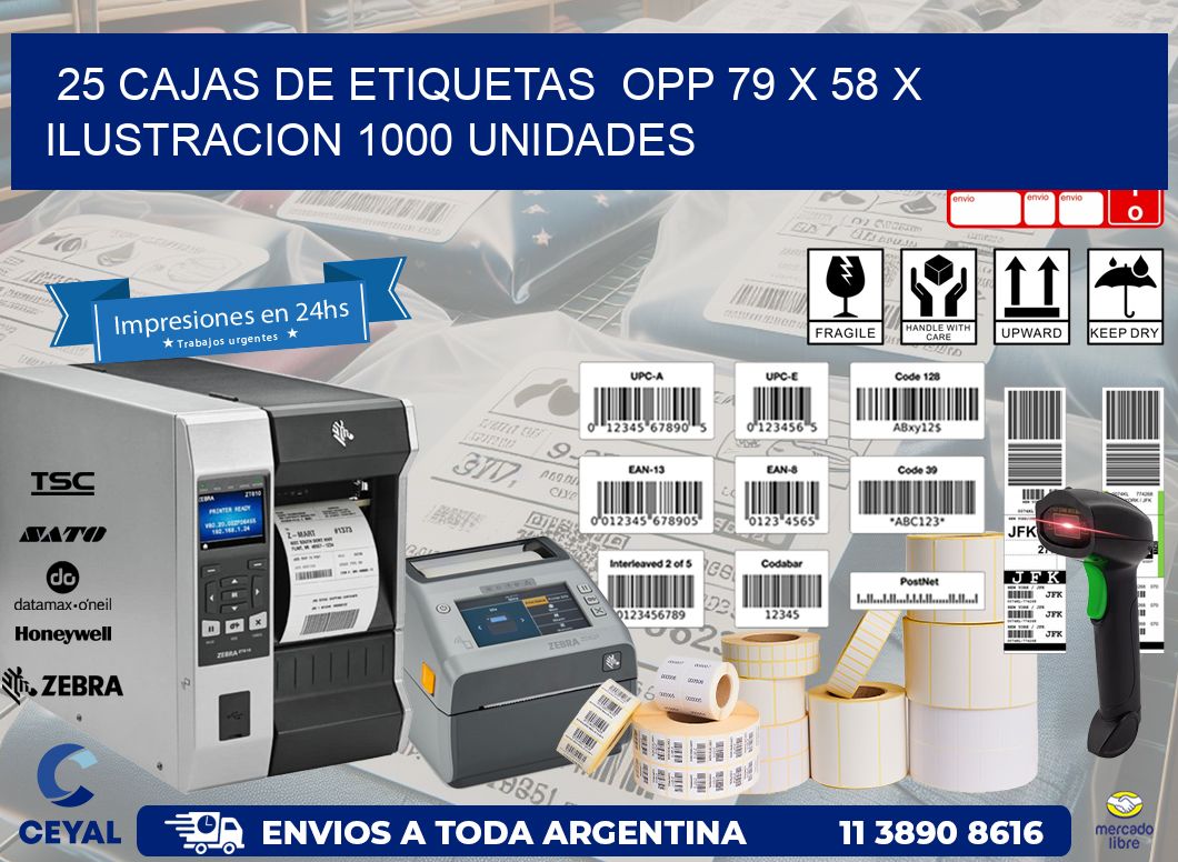 25 CAJAS DE ETIQUETAS  OPP 79 x 58 X ILUSTRACION 1000 UNIDADES