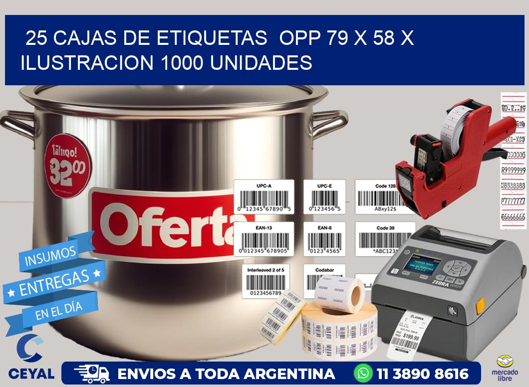 25 CAJAS DE ETIQUETAS  OPP 79 x 58 X ILUSTRACION 1000 UNIDADES