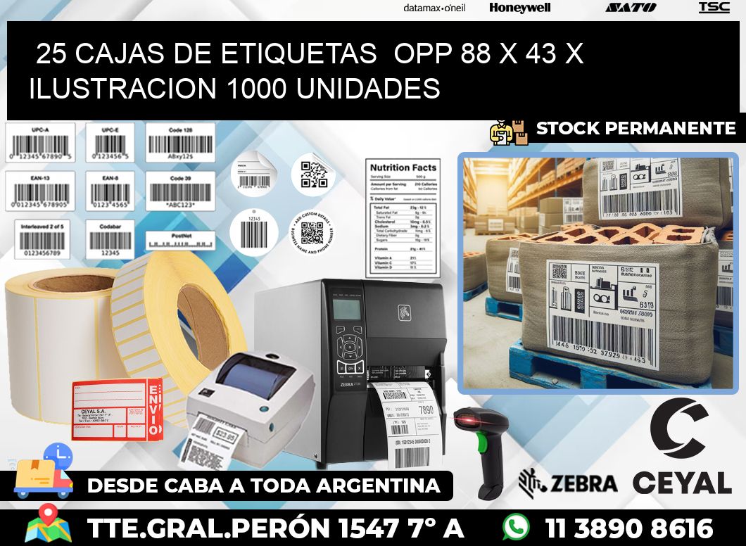 25 CAJAS DE ETIQUETAS  OPP 88 x 43 X ILUSTRACION 1000 UNIDADES