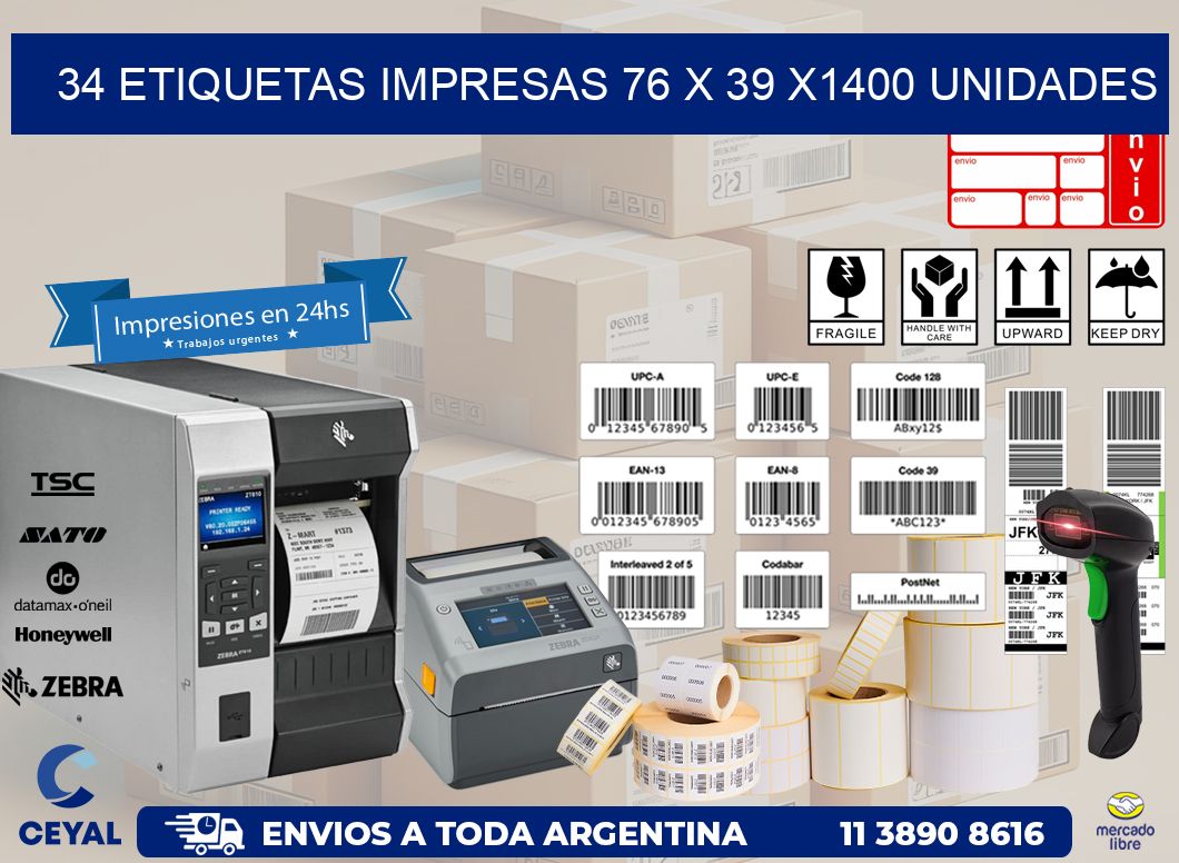 34 ETIQUETAS IMPRESAS 76 x 39 X1400 UNIDADES