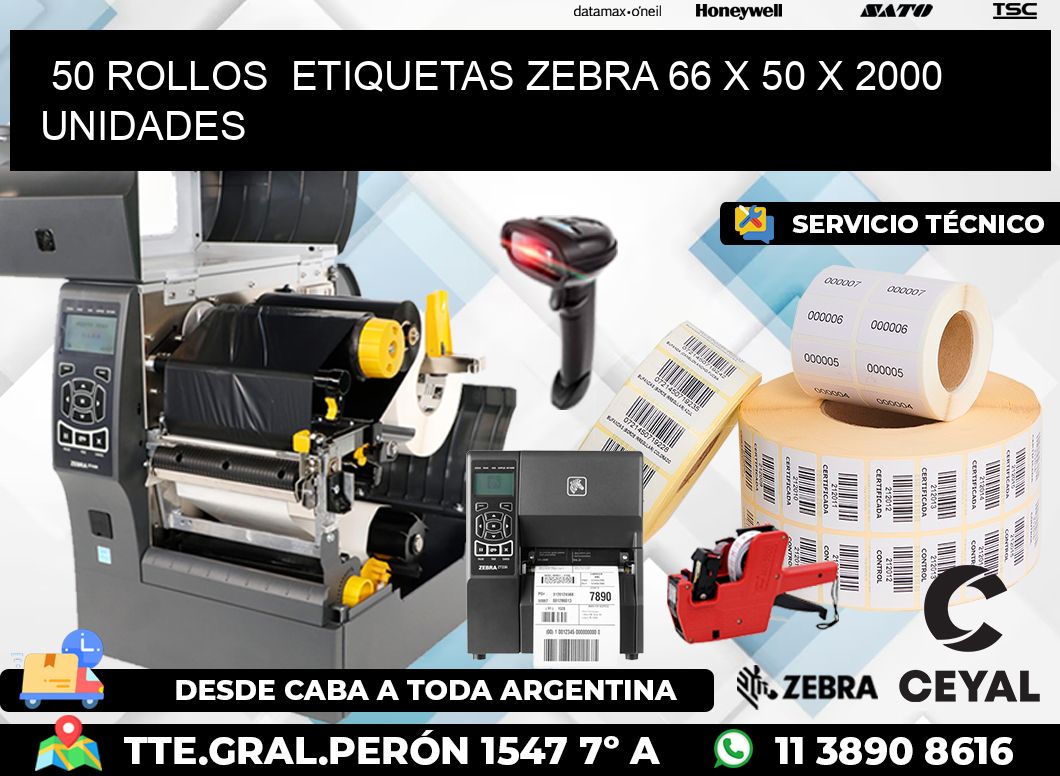 50 ROLLOS  ETIQUETAS ZEBRA 66 x 50 X 2000 UNIDADES