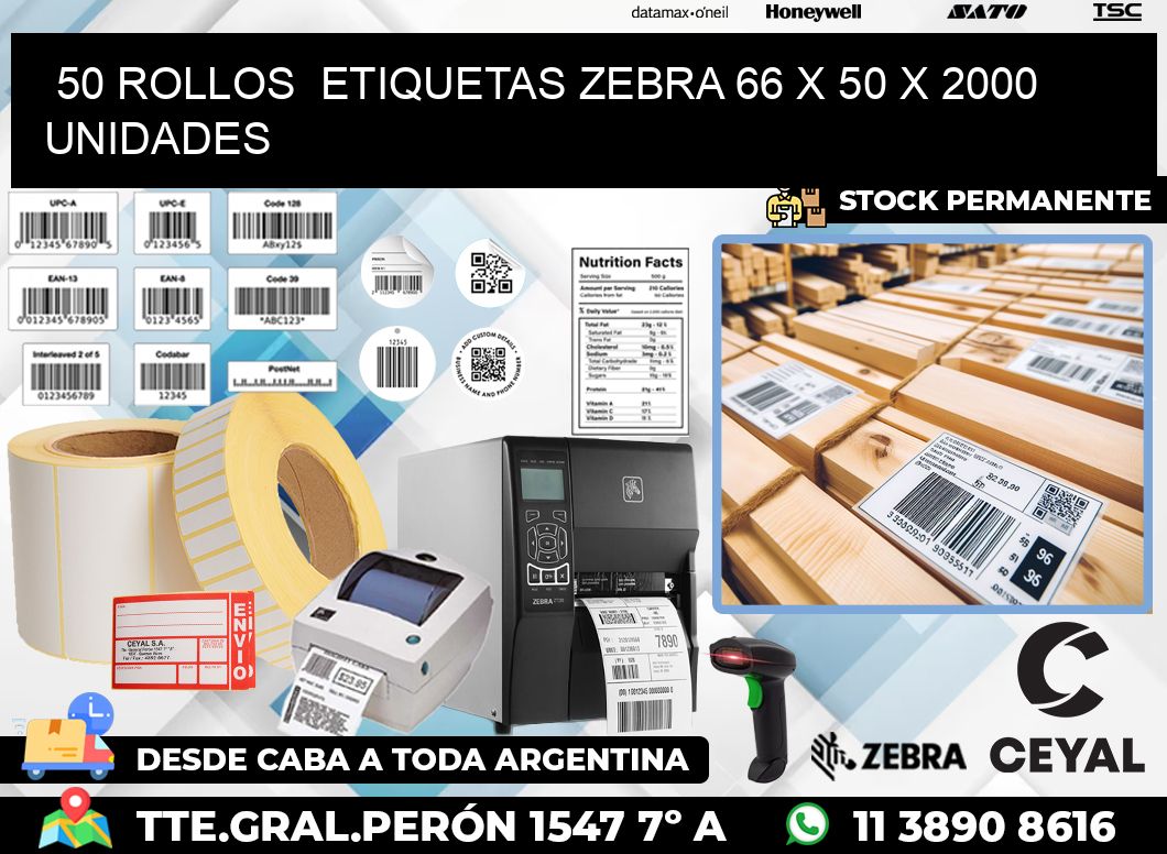 50 ROLLOS  ETIQUETAS ZEBRA 66 x 50 X 2000 UNIDADES